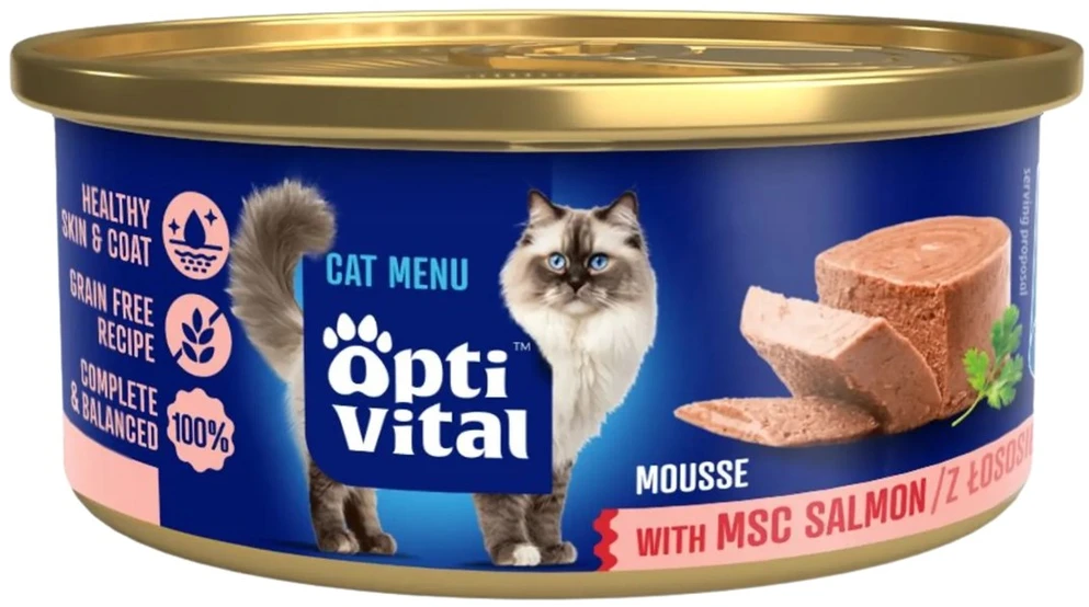 Kačių maistas - OptiVital Mini konservai su lašiša 85g be glitimo