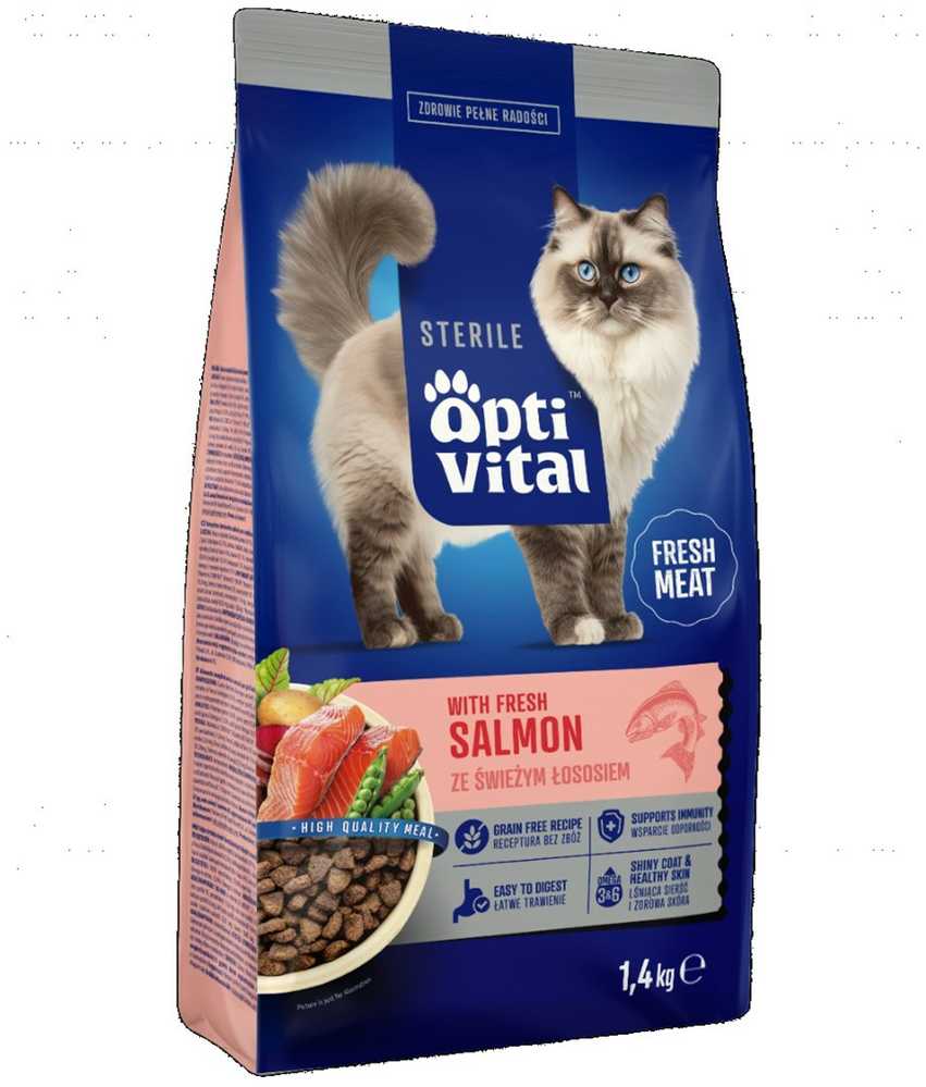 Maisto produktai - OptiVital Sterile Sausas Kačių Maistas 1.4kg Lašiša 38% Baltymų