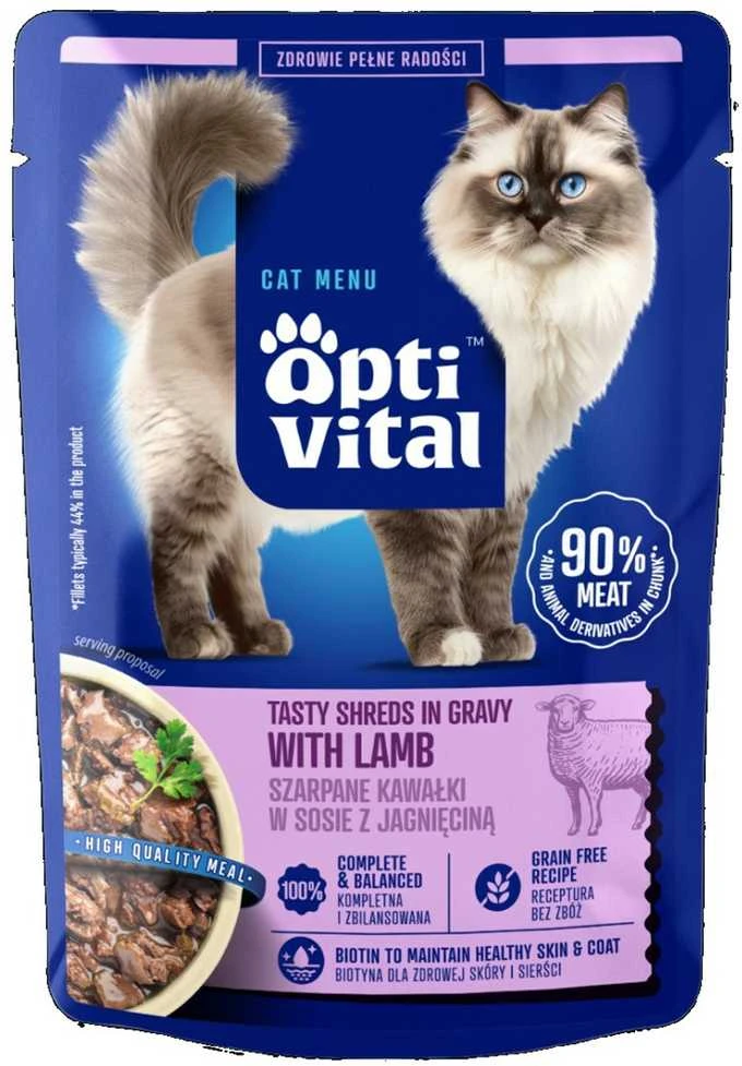 OPTIVITAL Tasty shreds in gravy su ėriena – šlapias kačių maistas – 85g