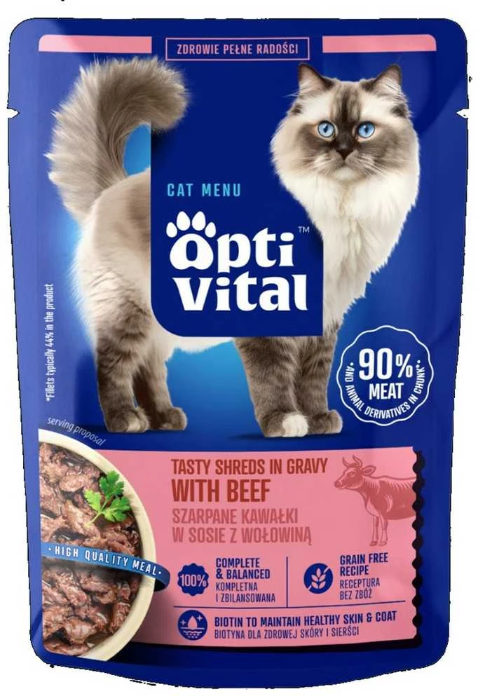OPTIVITAL Tasty shreds in gravy with jautiena – šlapias kačių maistas – 85g