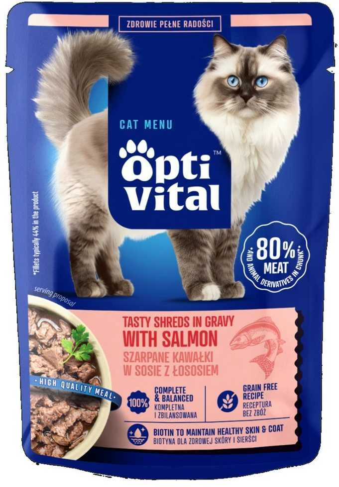 OPTIVITAL Tasty shreds in gravy with lašiša – šlapias kačių maistas – 85g