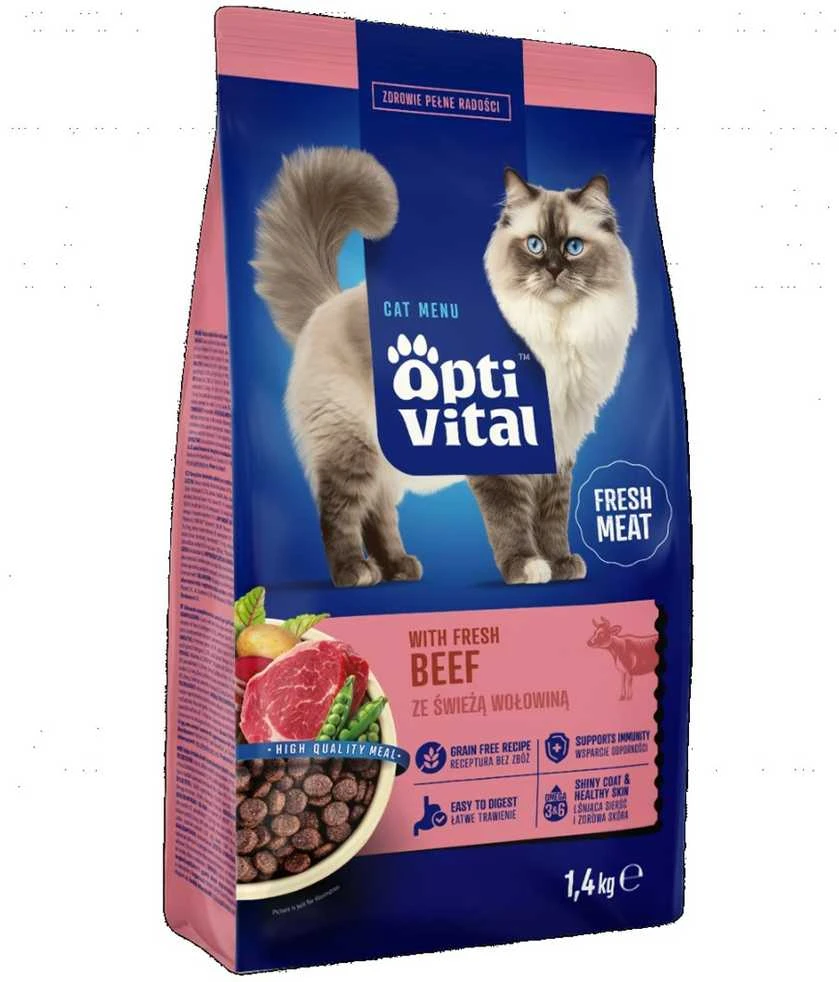 Maisto produktai - OptiVital Su Šviežia Jautiena Sausas Kačių Maistas 35% Baltymų 1.4kg