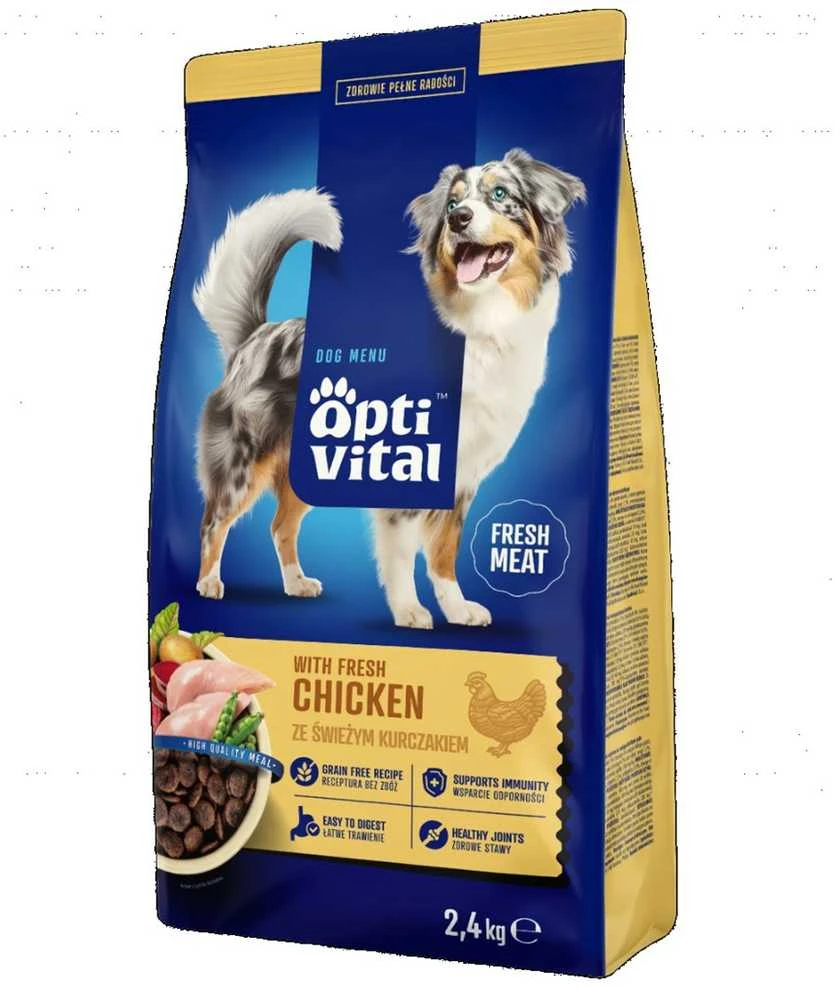 Šunų maistas - OptiVital su šviežia vištiena sauso maisto 2.4kg be glitimo