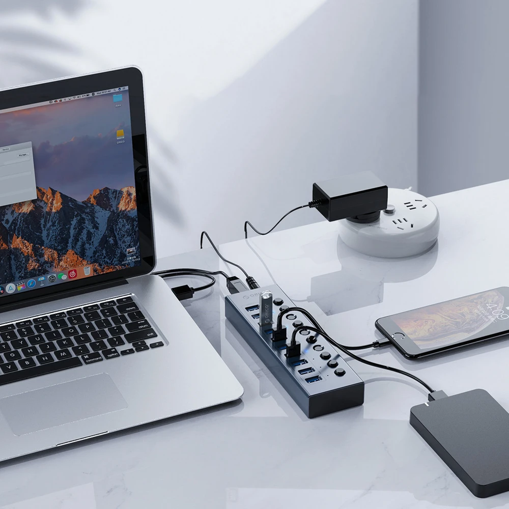 „Orico BT2U3-16AB“ šakotuvas, 16x USB-A 3.0, su jungikliais – pilkos spalvos