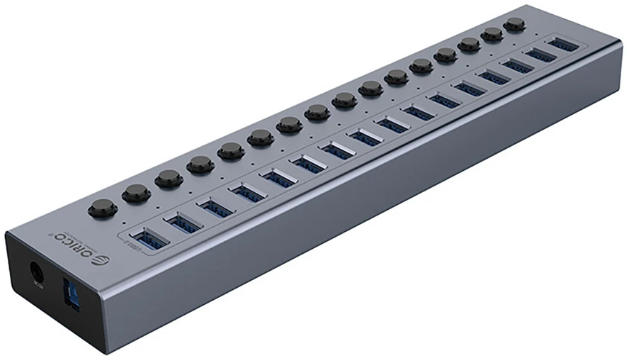 „Orico BT2U3-16AB“ šakotuvas, 16x USB-A 3.0, su jungikliais – pilkos spalvos