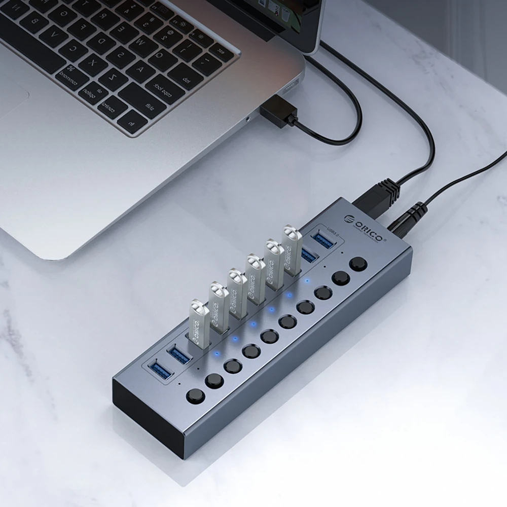 „Orico BT2U3-16AB“ šakotuvas, 16x USB-A 3.0, su jungikliais – pilkos spalvos