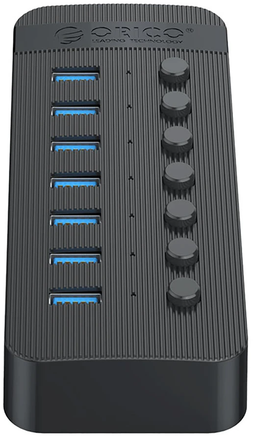 „Orico CT2U3-7AB“ 7x USB-A 3.0 šakotuvas su jungikliais – juodos spalvos