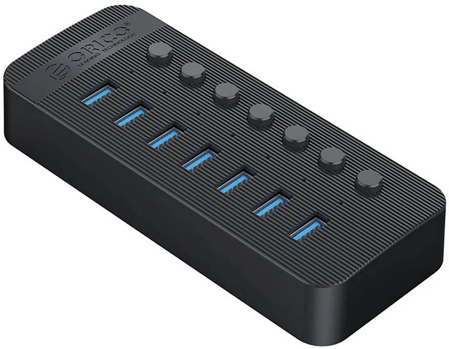 „Orico CT2U3-7AB“ 7x USB-A 3.0 šakotuvas su jungikliais – juodos spalvos