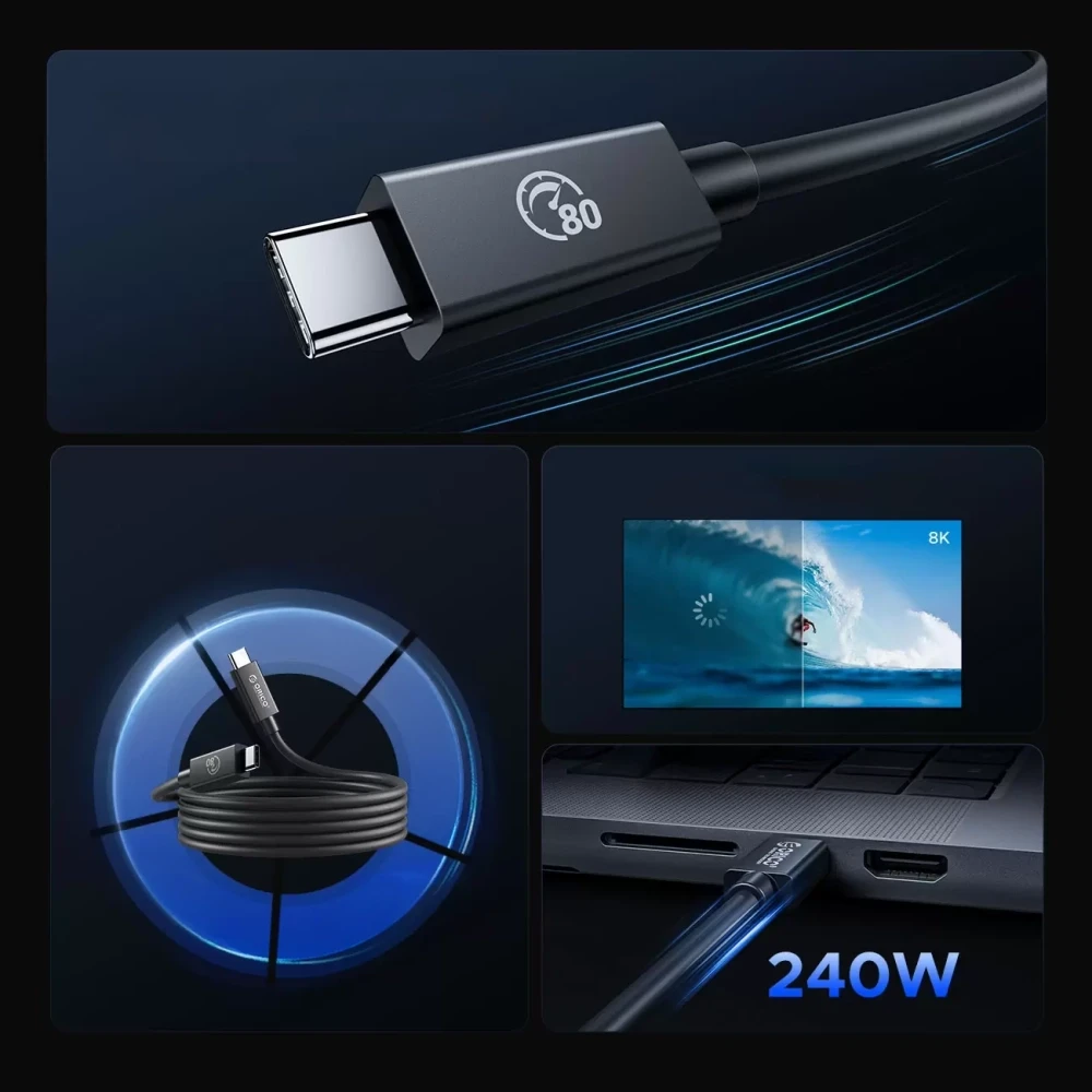 Kabelis Orico USB4 kompatybilny su Thunderbolt 5 80Gbps 240W USB-C do USB-C 1,5m - juoda