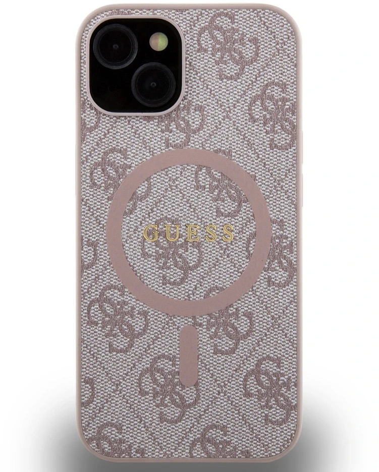 Guess GUHMP14SG4GFRP iPhone 14 / 15 / 13 6.1" rožinė/rožinė kietas dėklas 4G kolekcijai odinis metalinis MagSafe logotipas | GUESS