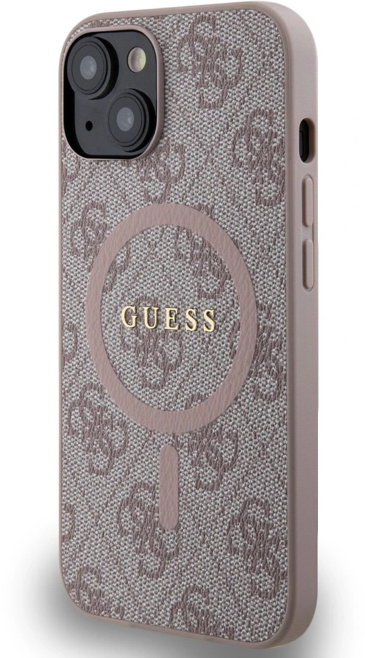 Guess GUHMP14SG4GFRP iPhone 14 / 15 / 13 6.1" rožinė/rožinė kietas dėklas 4G kolekcijai odinis metalinis MagSafe logotipas | GUESS