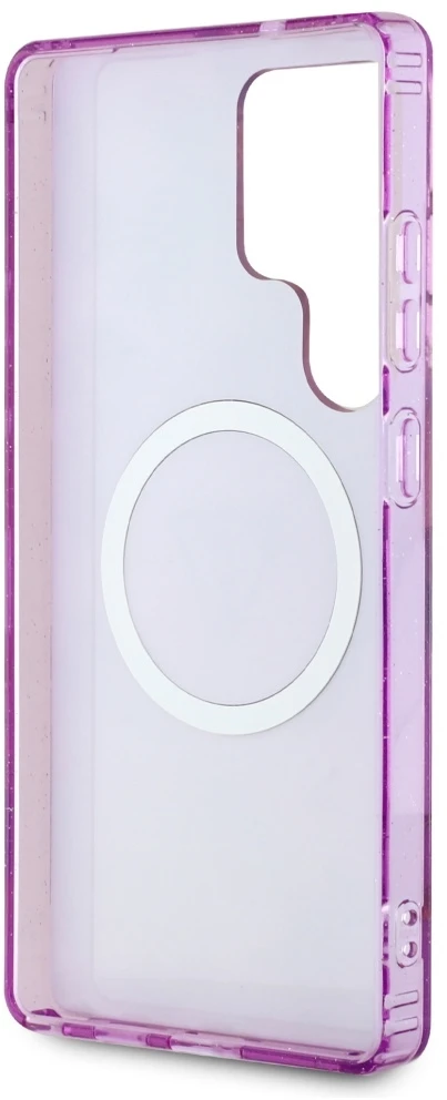 Dėklas Guess Glitter Flowers Triangle Mygtukai MagSafe for Samsung Galaxy S25 Ultra violetinė