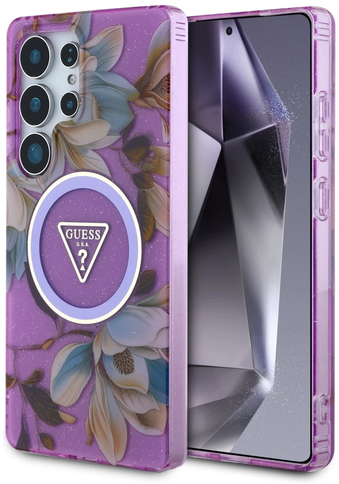 Dėklas Guess Glitter Flowers Triangle Mygtukai MagSafe for Samsung Galaxy S25 Ultra violetinė