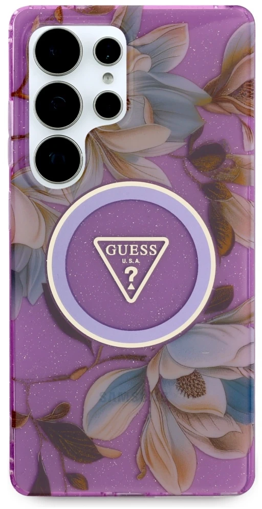 Dėklas Guess Glitter Flowers Triangle Mygtukai MagSafe for Samsung Galaxy S25 Ultra violetinė