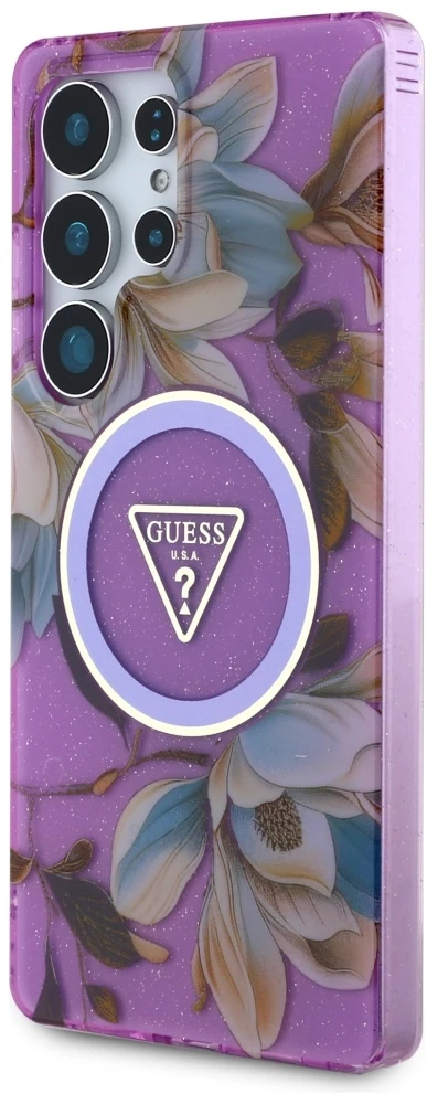 Dėklas Guess Glitter Flowers Triangle Mygtukai MagSafe for Samsung Galaxy S25 Ultra violetinė