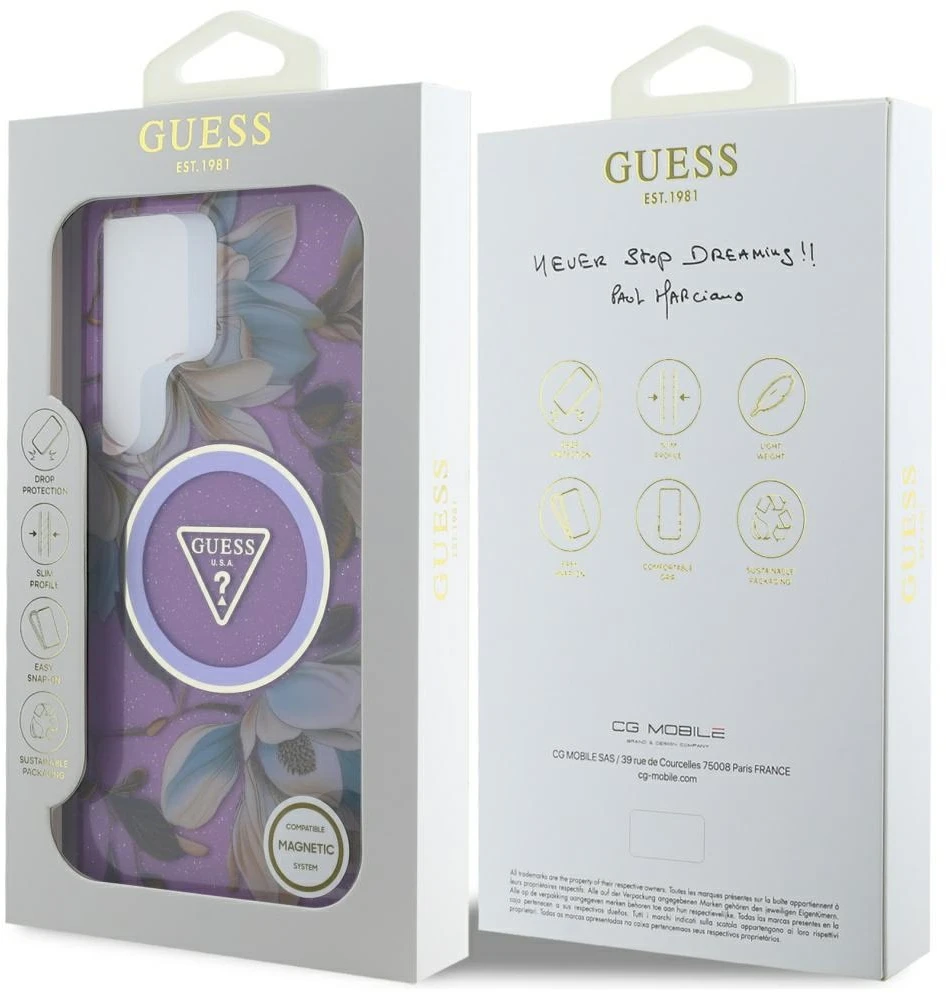 Dėklas Guess Glitter Flowers Triangle Mygtukai MagSafe for Samsung Galaxy S25 Ultra violetinė