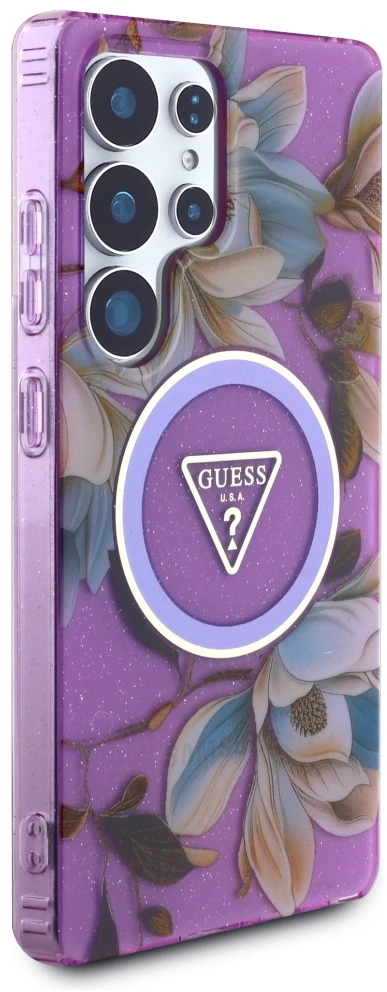Dėklas Guess Glitter Flowers Triangle Mygtukai MagSafe for Samsung Galaxy S25 Ultra violetinė