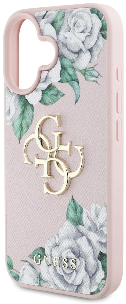 Dėklas Guess Grained Roses Big 4G logo Apple iPhone 16 rožinės spalvos