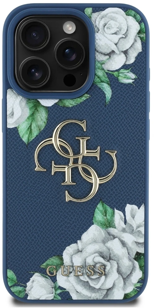 Dėklas Guess Grained Roses Big 4G logo Apple iPhone 16 Pro mėlynas