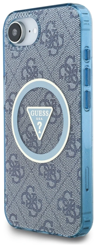 Guess IML Metal Glitter 4G Circle Triangle MagSafe dėklas, skirtas iPhone 16e - Mėlyna