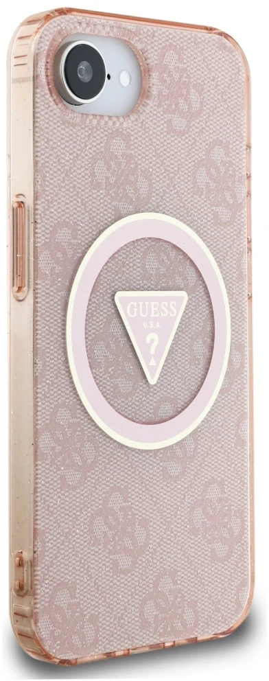 Guess IML Metal Glitter 4G Circle Triangle MagSafe dėklas iPhone 16e - rožinis