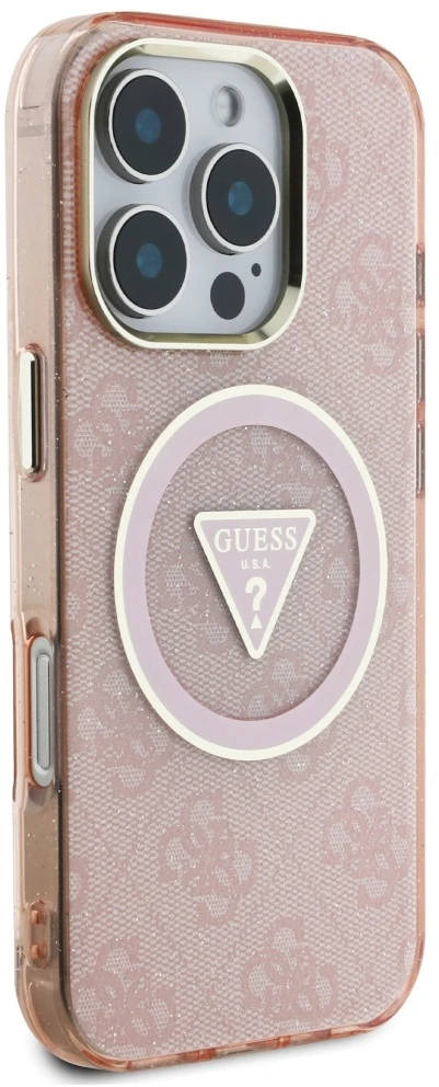 Guess IML Metal Glitter 4G Circle Triangle MagSafe dėklas, skirtas iPhone 16 Pro Max - Rožinė