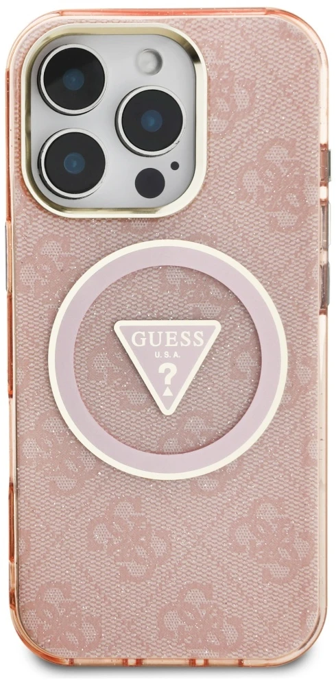 Guess IML Metal Glitter 4G Circle Triangle MagSafe dėklas, skirtas iPhone 16 Pro Max - Rožinė