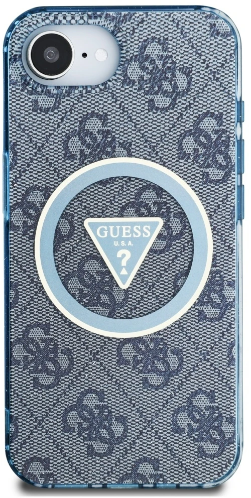 Guess IML Metal Glitter 4G Circle Triangle MagSafe dėklas, skirtas iPhone 16e - Mėlyna