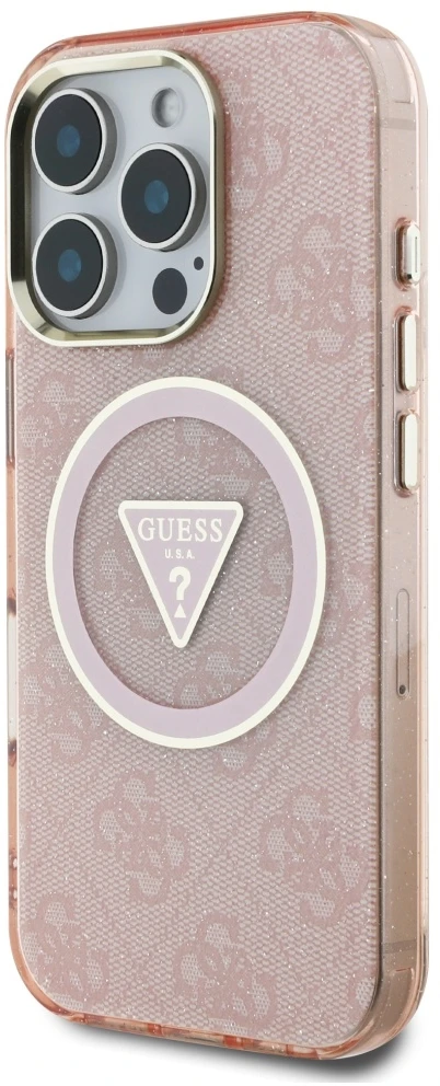 Guess IML Metal Glitter 4G Circle Triangle MagSafe dėklas, skirtas iPhone 16 Pro Max - Rožinė
