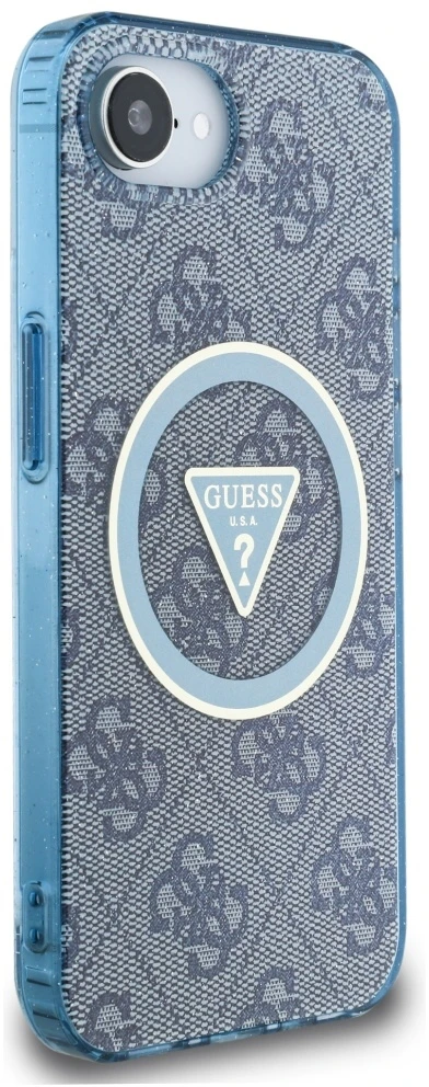 Guess IML Metal Glitter 4G Circle Triangle MagSafe dėklas, skirtas iPhone 16e - Mėlyna
