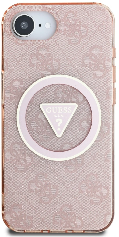 Guess IML Metal Glitter 4G Circle Triangle MagSafe dėklas iPhone 16e - rožinis