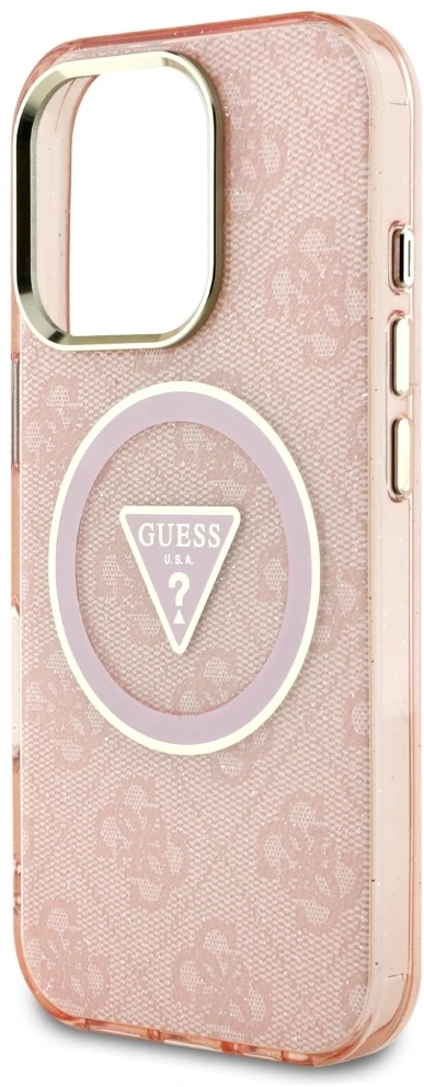 Guess IML Metal Glitter 4G Circle Triangle MagSafe dėklas, skirtas iPhone 16 Pro - Rožinė