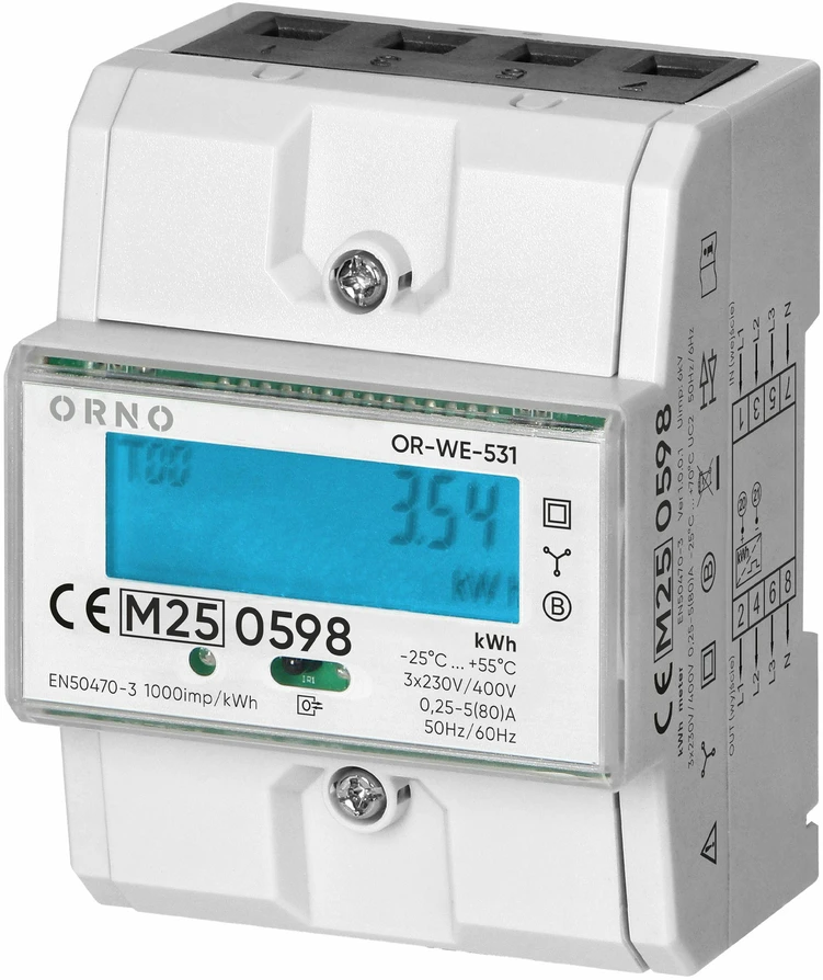 Orno 3 Fazowy Trifazis elektros skaitiklis, 80A, MID, 4,3 moduliai, DIN TH-35mm