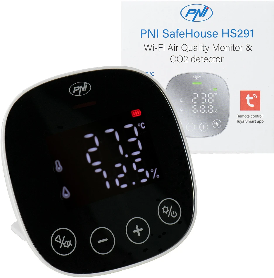 Oro kokybės ir anglies dioksido (CO2) jutiklis PNI SafeHouse HS291 su „Wi-Fi“, valdymas per „Tuya Smart“ programėlę, CO2 stebėjimas, temperatūros, drėgmės, datos ir laiko rodymas, nustatymų meniu, atsarginė baterija, garsinis ir vaizdinis signalas