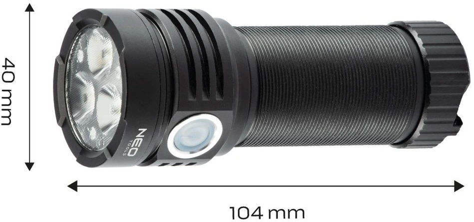 Neo led įkrovimo akumuliatorius, 1x4000 mah, aliuminis, juodas, priartinimo funkcija, 3 tipų apšvietimas, ipx4, usb įkroviklis.