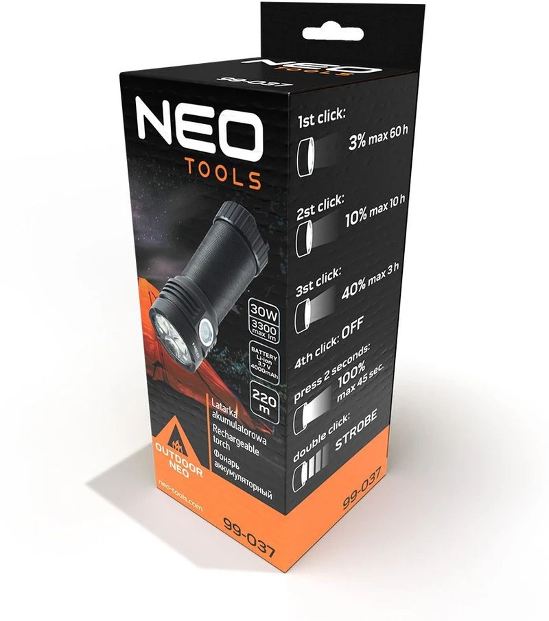 Neo led įkrovimo akumuliatorius, 1x4000 mah, aliuminis, juodas, priartinimo funkcija, 3 tipų apšvietimas, ipx4, usb įkroviklis.