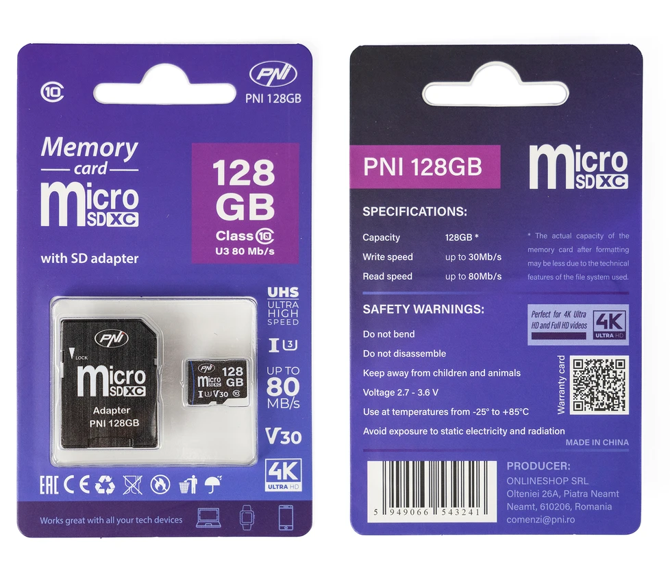 Pakuotė 2 vienetai PNI MicroSD atminties kortelė PNI 128GB MicroSD atminties kortelė Class 10, 80 Mb/s, V30 su pridedamais SD adapteriais