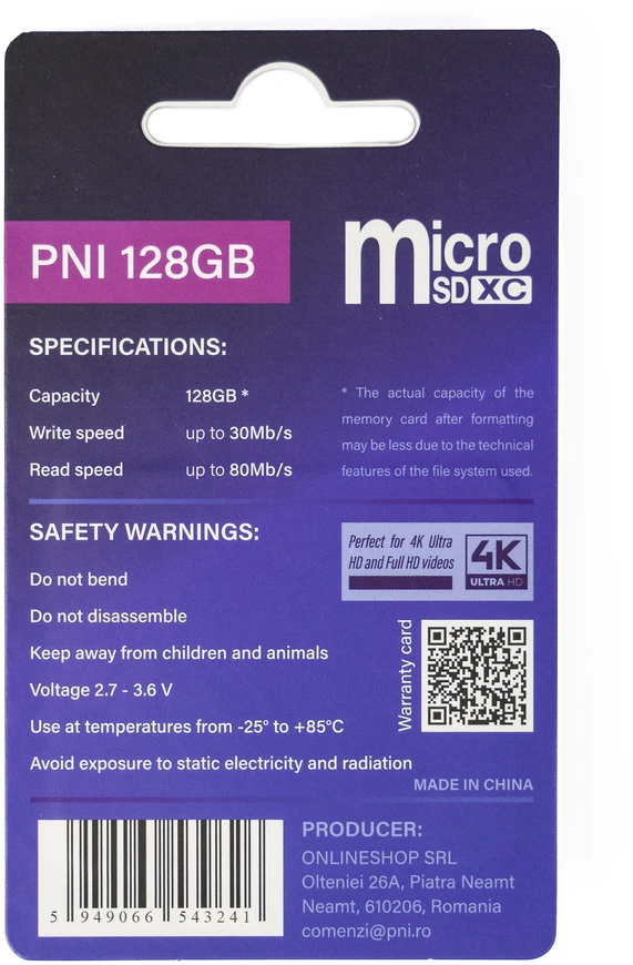 Pakuotė 2 vienetai PNI MicroSD atminties kortelė PNI 128GB MicroSD atminties kortelė Class 10, 80 Mb/s, V30 su pridedamais SD adapteriais