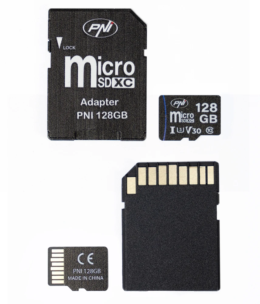 Pakuotė 2 vienetai PNI MicroSD atminties kortelė PNI 128GB MicroSD atminties kortelė Class 10, 80 Mb/s, V30 su pridedamais SD adapteriais