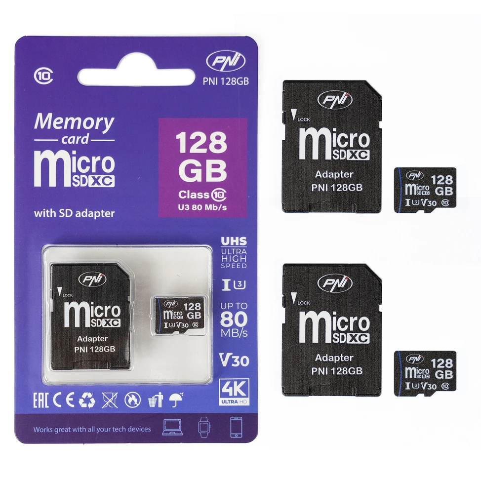 Pakuotė 2 vienetai PNI MicroSD atminties kortelė PNI 128GB MicroSD atminties kortelė Class 10, 80 Mb/s, V30 su pridedamais SD adapteriais