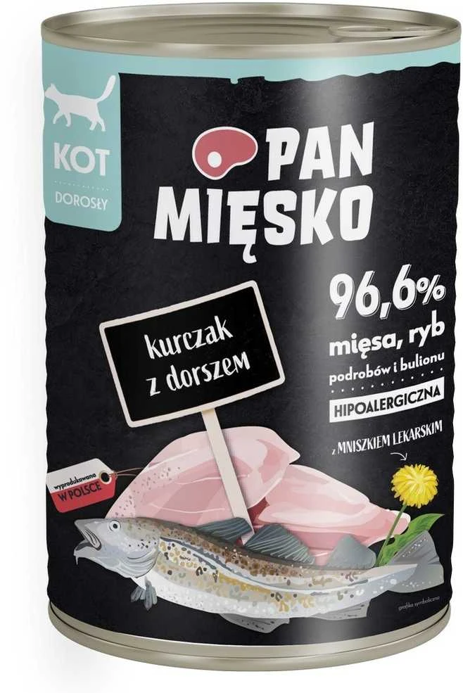 Kačių Maistas - PAN MIĘSKO Vištiena su Menkėmis Drėgnas Maistas 400g Be Grūdų Be Glitimo