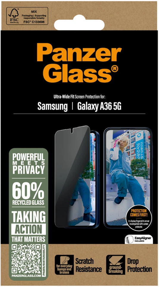 Panzer Glass PanzerGlass Ultra Wide Fit antibakterinis ekrano apsauginis stiklas su privatumo filtru, įskaitant aplikatorių, skirtas Samsung Galaxy A36
