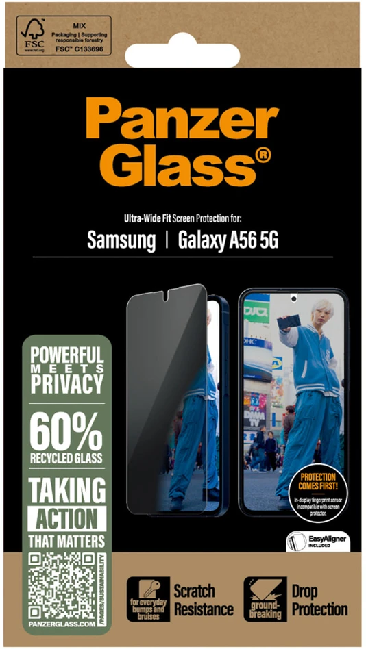 Panzer Glass PanzerGlass Ultra Wide Fit antibakterinė ekrano apsauga su privatumo filtru, įskaitant aplikatorių, skirta Samsung Galaxy A56