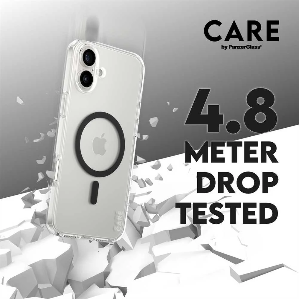 Panzer Glass CARE Flagship dėklas su Juodas MagSafe iPhone 16 Plus, skaidrus