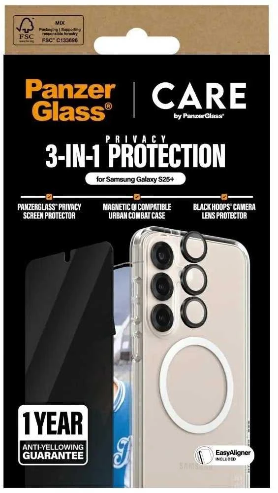 „Panzer Glass CARE“, „PanzerGlass Flagship 3in1“ dėklas + privatumo stiklas + objektyvas „Samsung Galaxy S25 Plus“