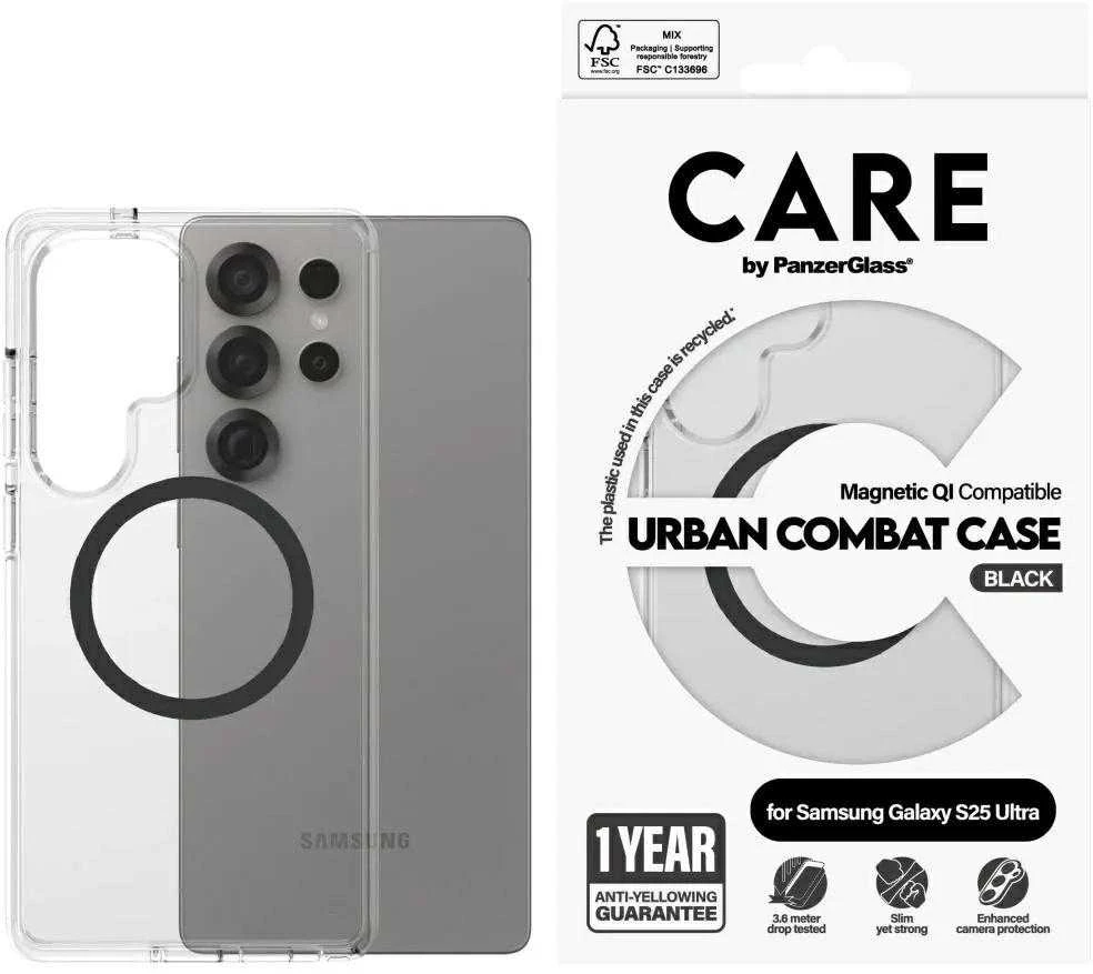 Panzer Glass CARE by PanzerGlass Flagship Urban Combat dėklas telefonui juodos spalvos QI Samsung Galaxy S25 Ultra - dėklas telefonui skaidrus
