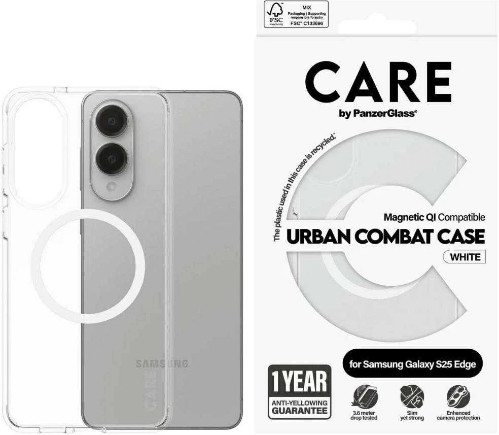 Panzer Glass Dėklas CARE by PanzerGlass Flagship Urban Combat Baltas QI skirta Samsung Galaxy S25 Edge skaidrus
