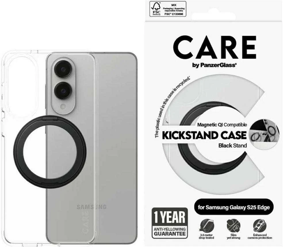 Panzer Glass Dėklas CARE by PanzerGlass Feature Juodas Kickstand & QI skirta Samsung Galaxy S25 Edge skaidrus