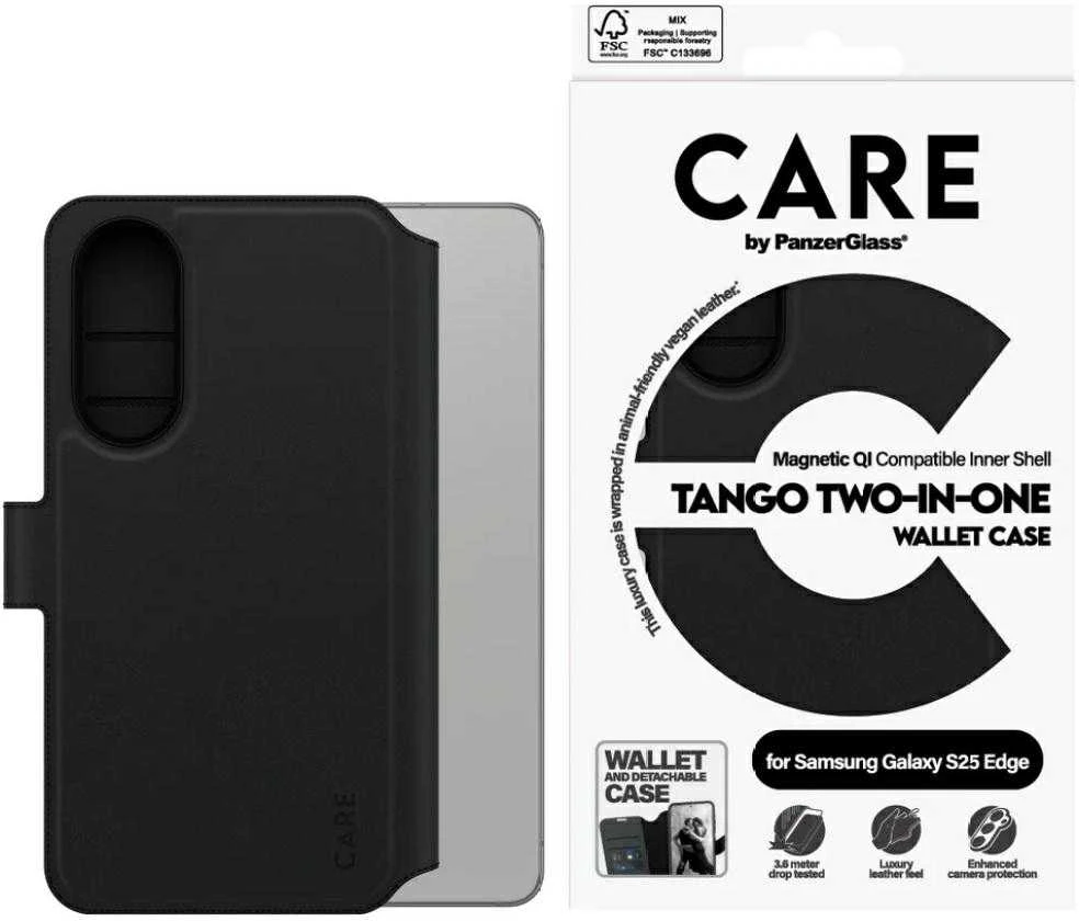 Panzer Glass Dėklas CARE by PanzerGlass Feature Tango 2in1 Wallet Qi skirtas Samsung Galaxy S25 Edge juodos spalvos