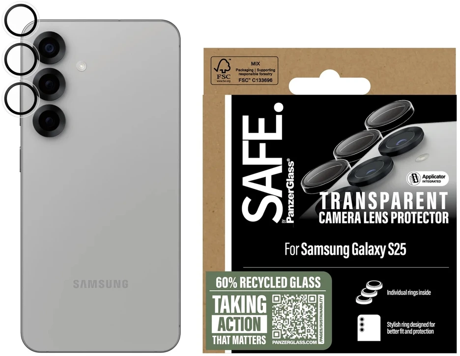Panzer Glass SAFE by PanzerGlass kameros objektyvo apsauga, skirta Samsung Galaxy S25 – skaidri